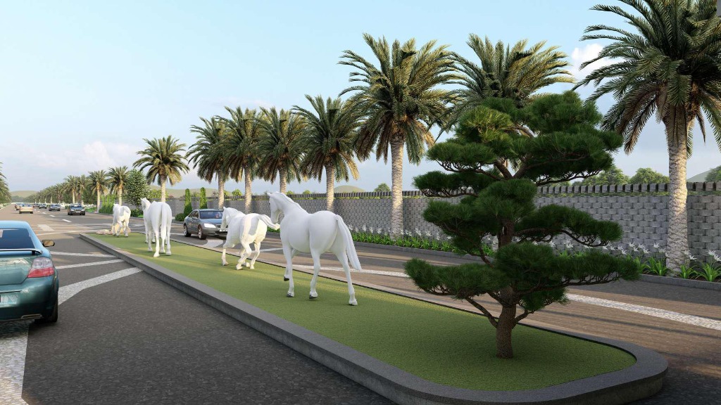 Boulevard Road Perspective with Galloping Horses