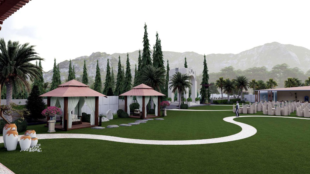 Resort Green Lawn with Gazebos & Winding Pathway