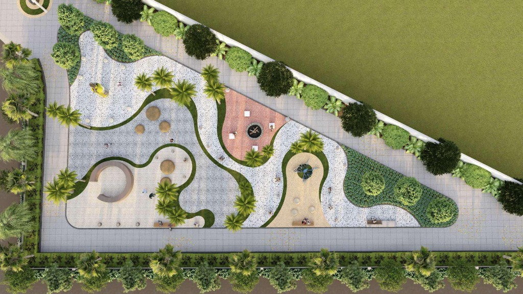 Daytime Aerial Layout of Geometric Triangular Park