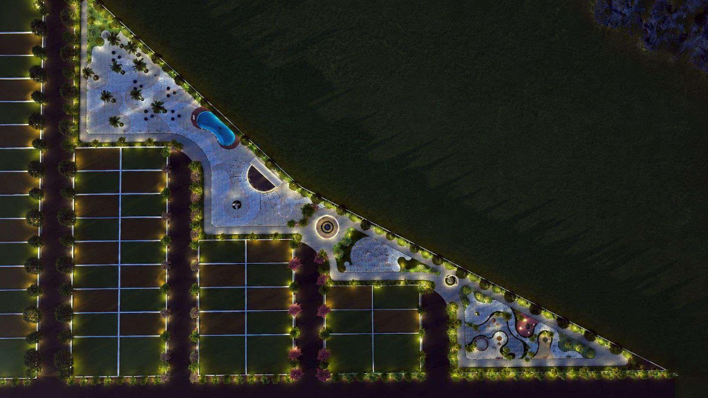 Night Aerial View of Layout Corner Park with Pool